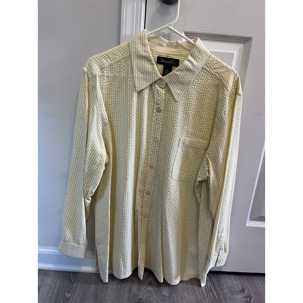 Denim & Co Mens 1X Yellow White Seersucker Stripe Button Down Shirt Cotton L/S